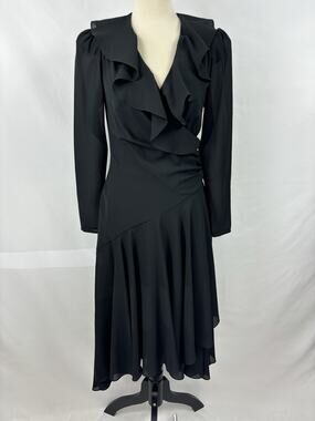 Joy Stevens California Wrap Dress Black 6 Sheer Ruffles Cut Out Long Sleeve